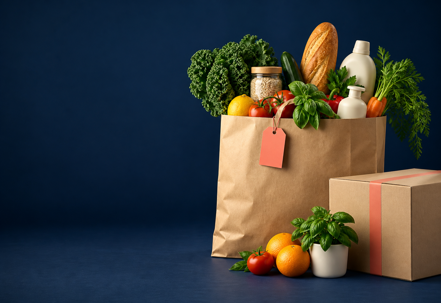 A grocery bag with fresh produce and a delivery parcel